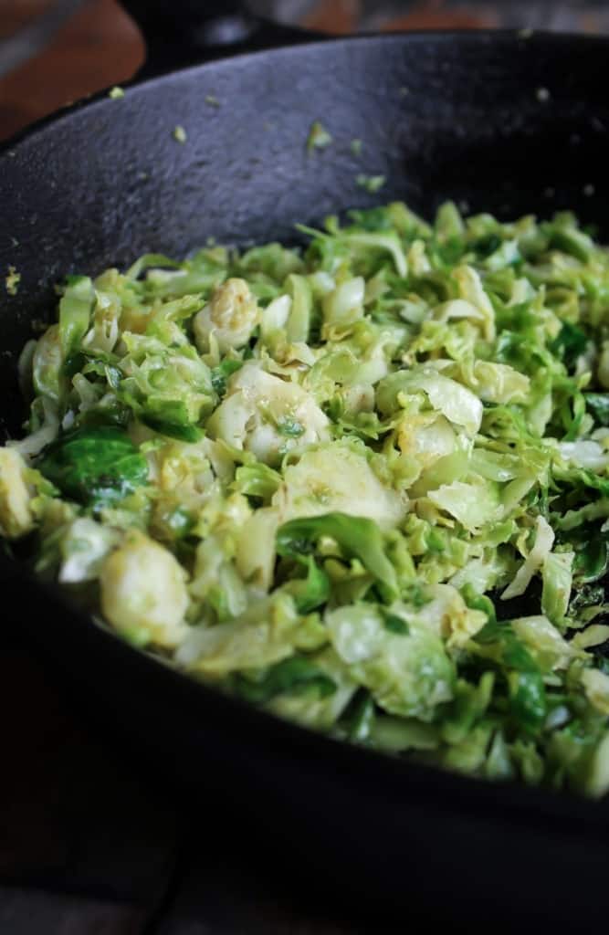 sauted shredded Brussels sprouts in pan 