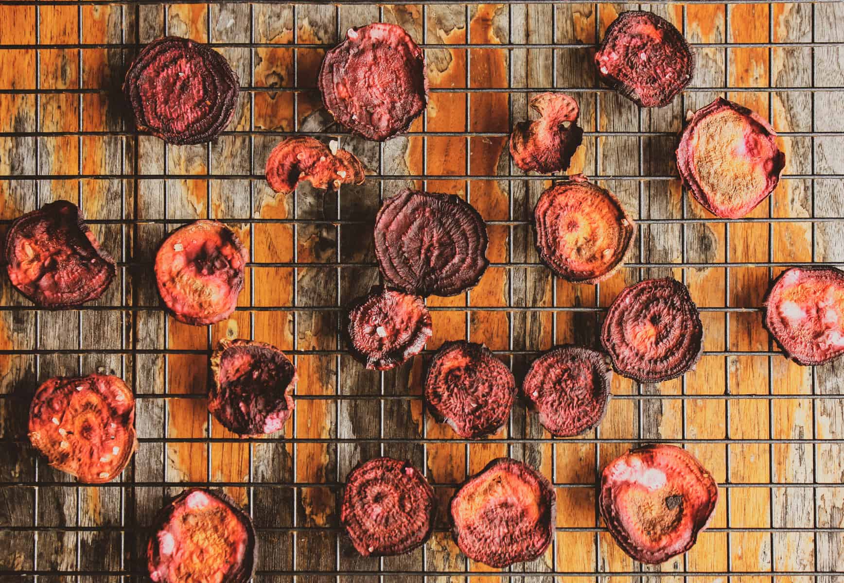 beet chips on wire cooling rack 
