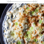 Pinterest graphic for goat cheese spinach artichoke dip with leeks.