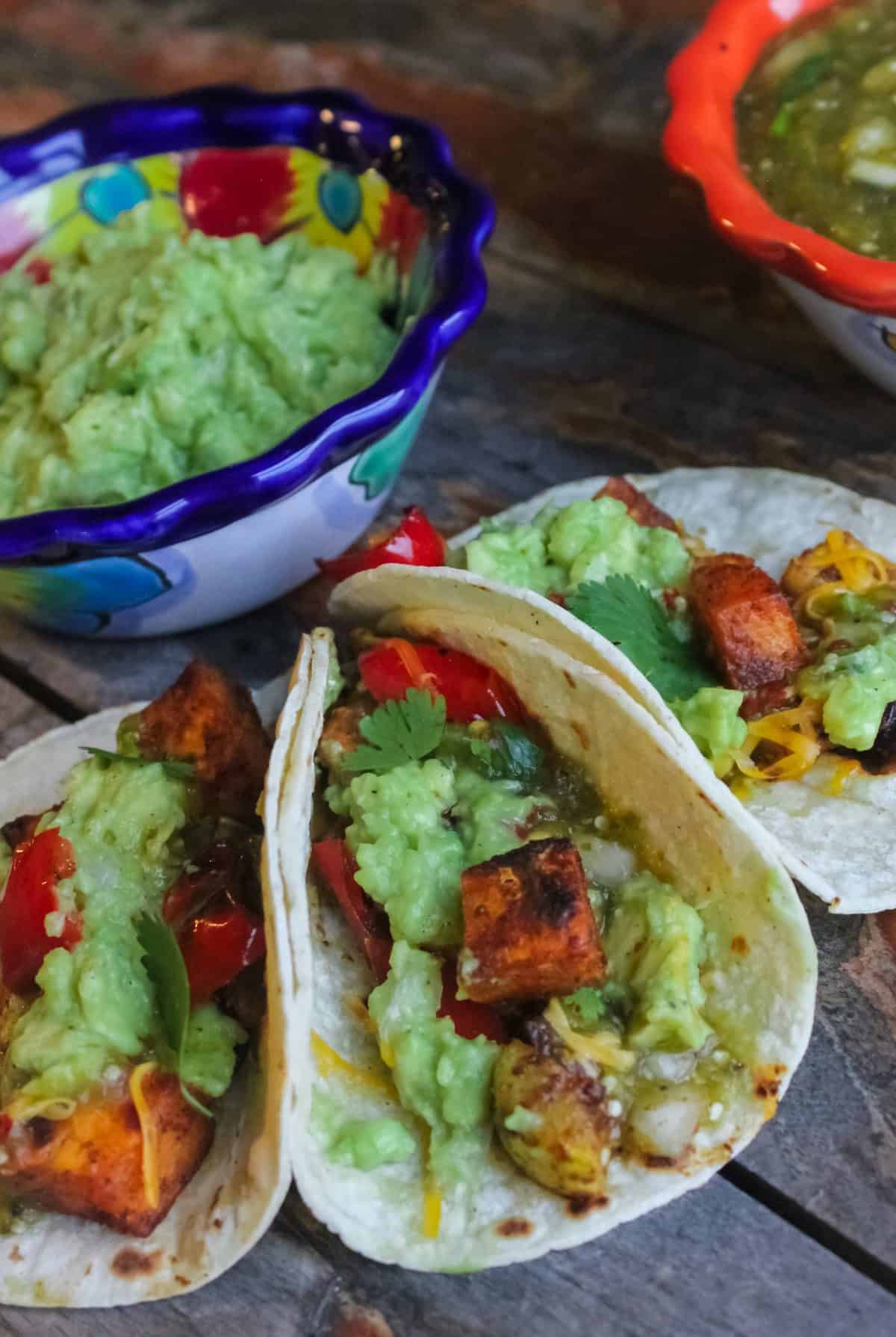 roasted vegetable tacos with salsa verde and mashed avocado