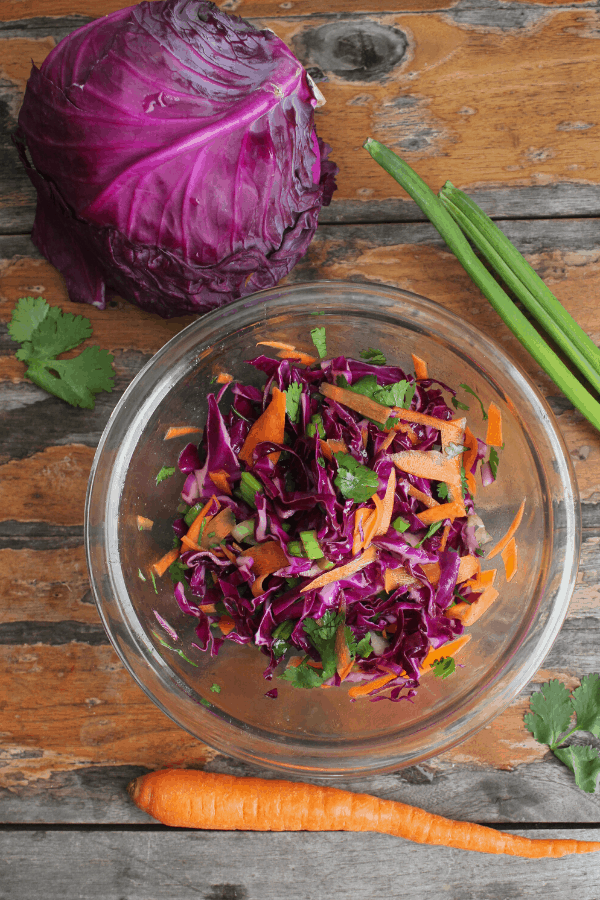 asian slaw in bowl on table with red cabbage, green onion stalk, carrot, and cilantro leaves. 