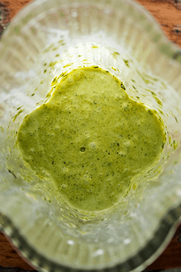 creamy poblano sauce in blender shot from above 
