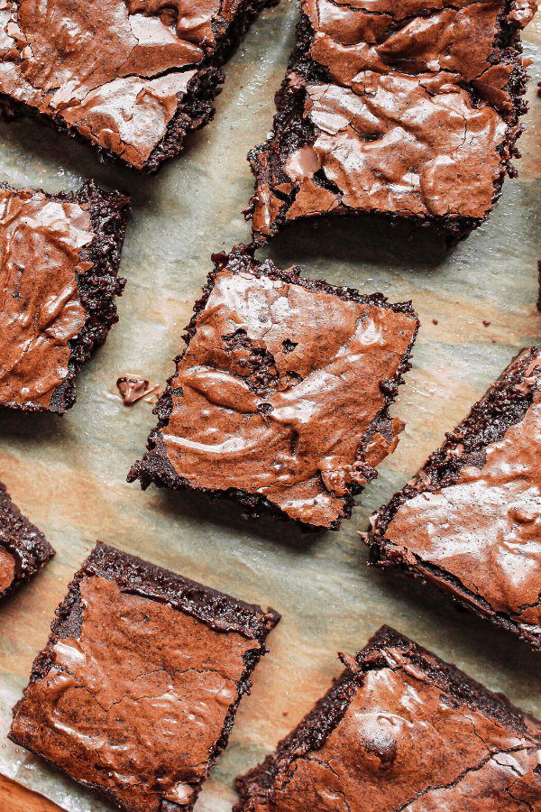 brownie slices  on parchment paper from above