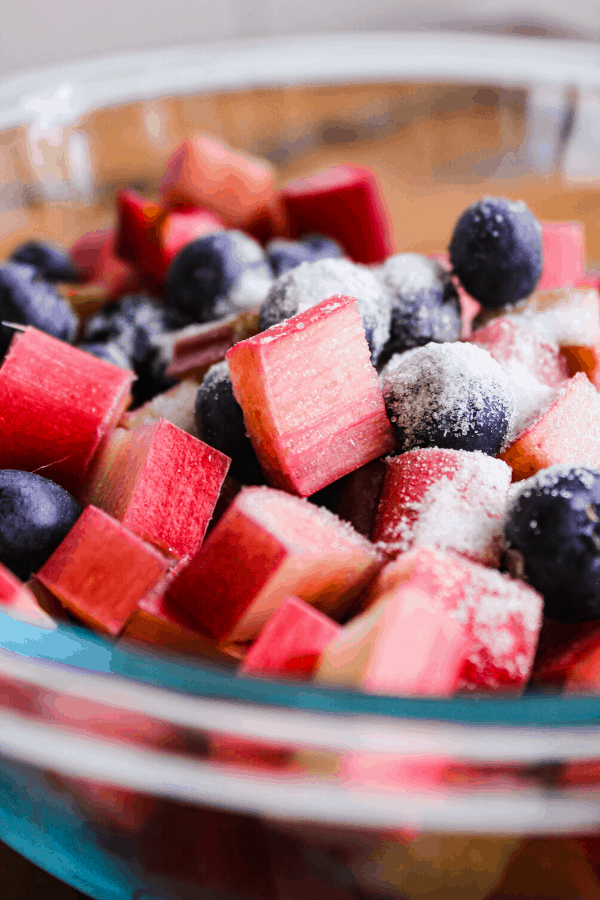 Close up of blueberries and rhubarb cubes in a bowl covered with sugar 