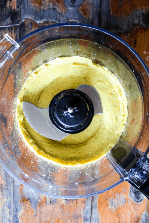 Aioli in food processor shot from above. 
