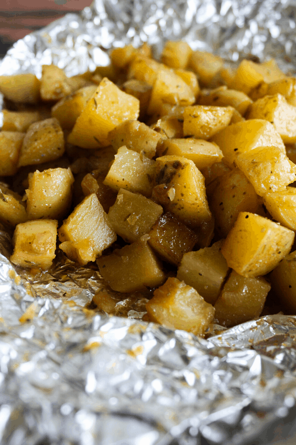 Grilled French onion potatoes in tinfoil. 