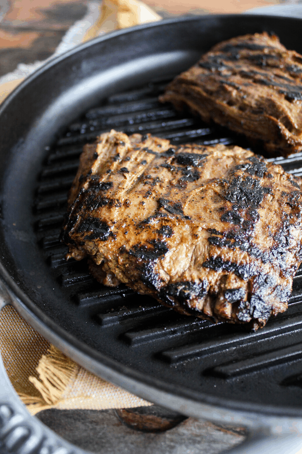 Grilled skirt steak in a grill pan. 