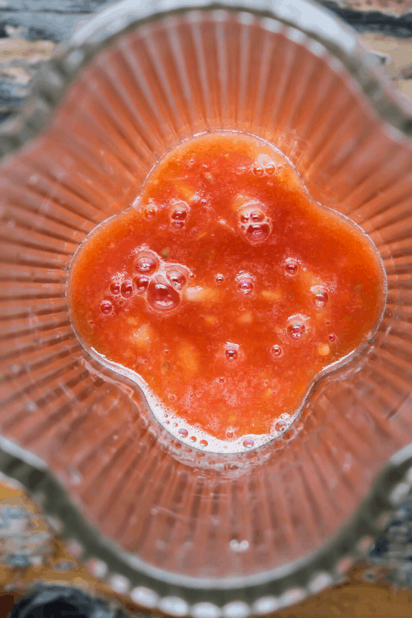 Top down shot of salsa in blender minus diced white onion. 
