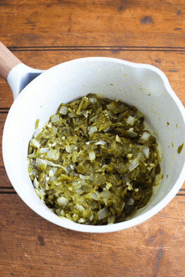 Hatch chile mixture with flour in a saucepan. 
