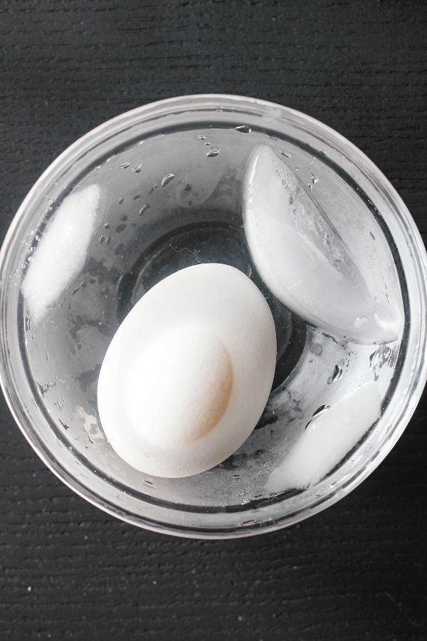 Top down shot of a small glass bowl with a single egg and ice cubes.