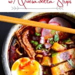 Pinterest graphic for birria ramen w/ quesadilla strips.
