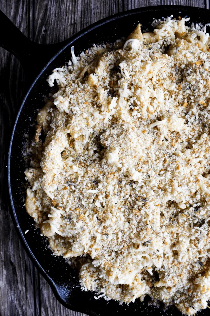 Top down shot of mac and cheese prior to baking.