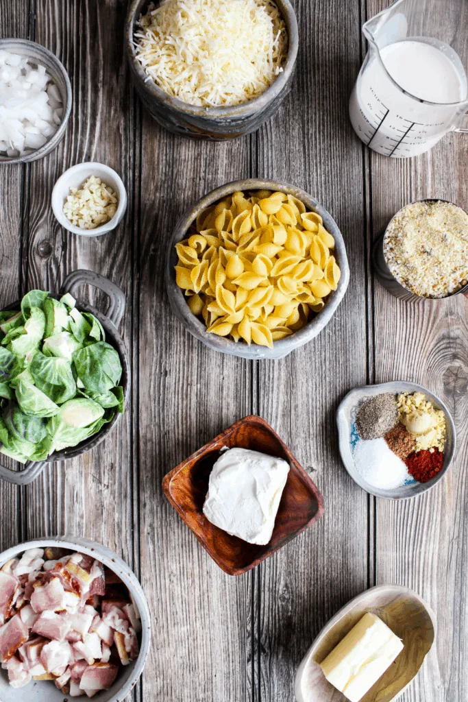 Ingredients for mac and cheese with Brussels sprouts and bacon (see recipe card).
