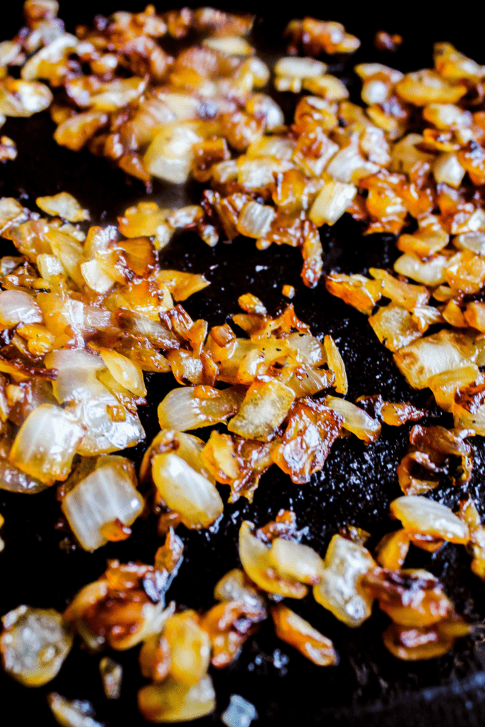 Close up of caramelized onion and garlic.