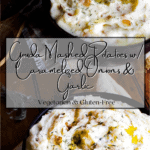 Pinterest graphic for Gouda Mashed Potatoes w/ Caramelized Onion & Garlic.