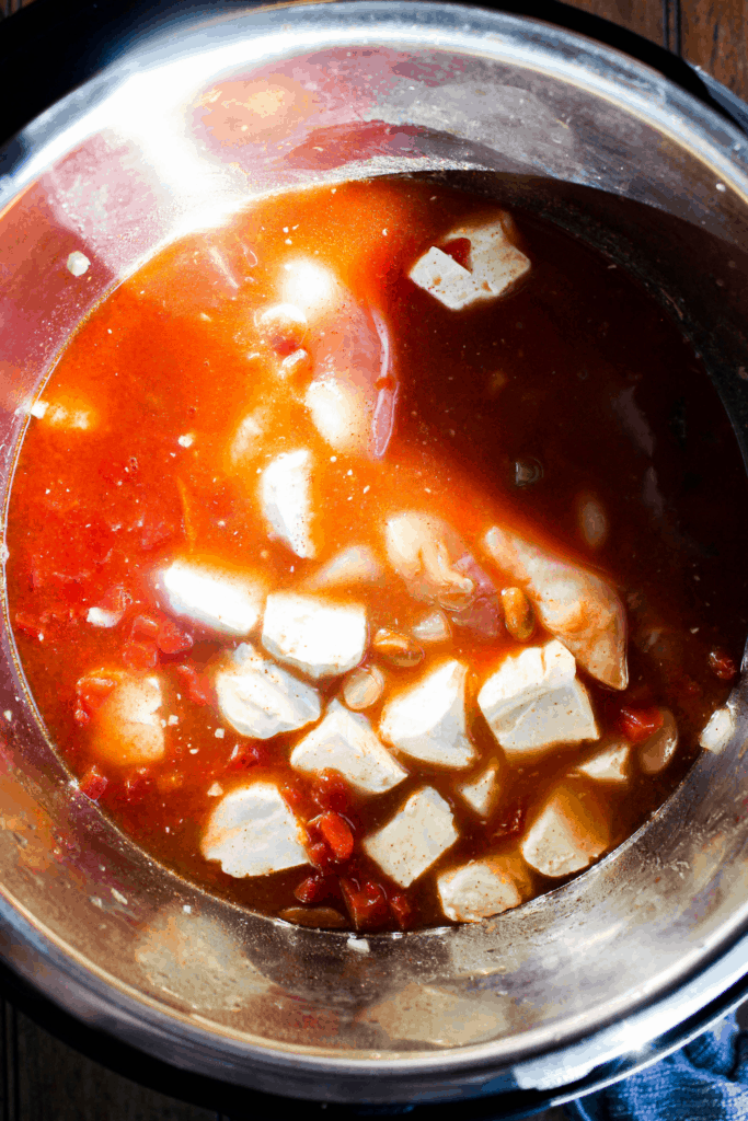 Close-up shot of chili in Instant Pot prior to cooking.