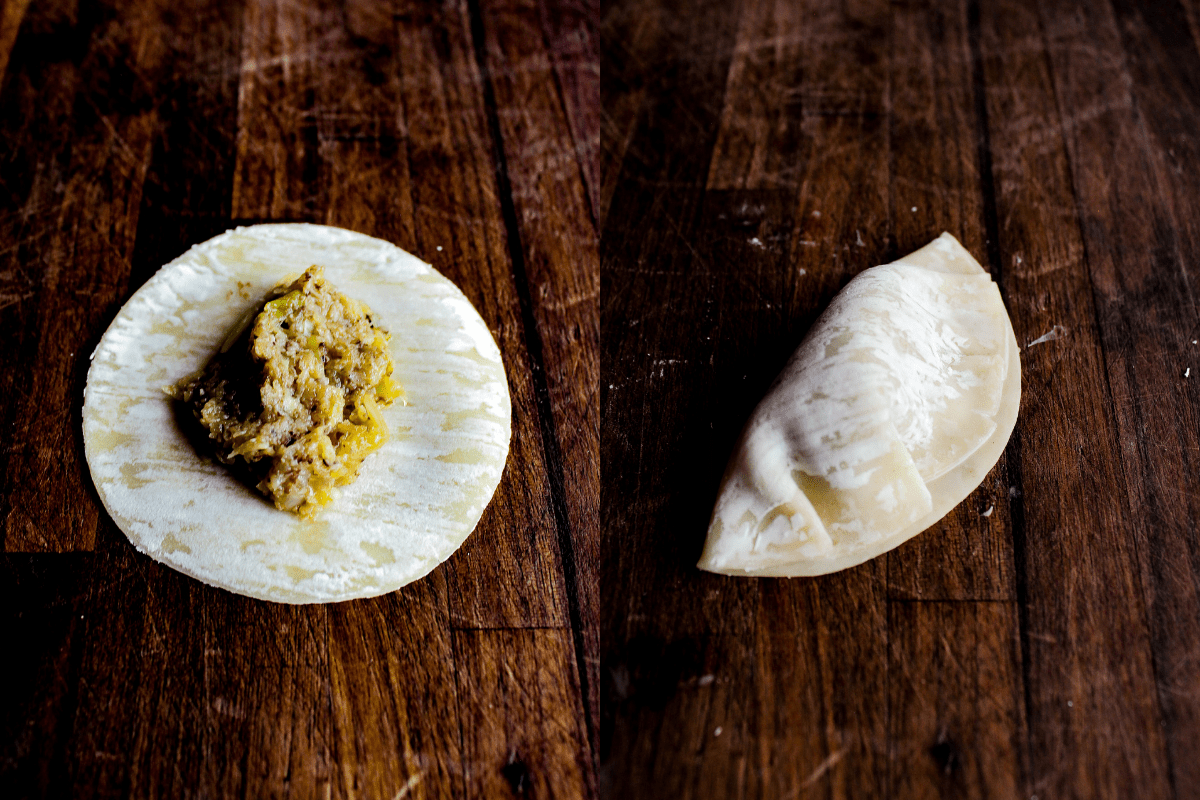 Two different stages of dumpling folding.