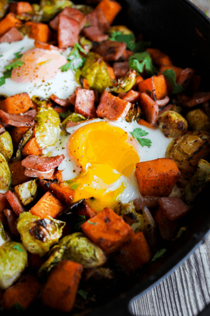 Close up of sweet potato Brussels sprout hash.