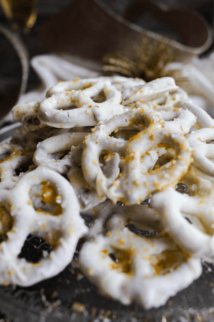 Close-up of eggnog white chocolate covered pretzels.
