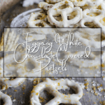 Pinterest graphic for Eggnog White Chocolate Covered Pretzels.