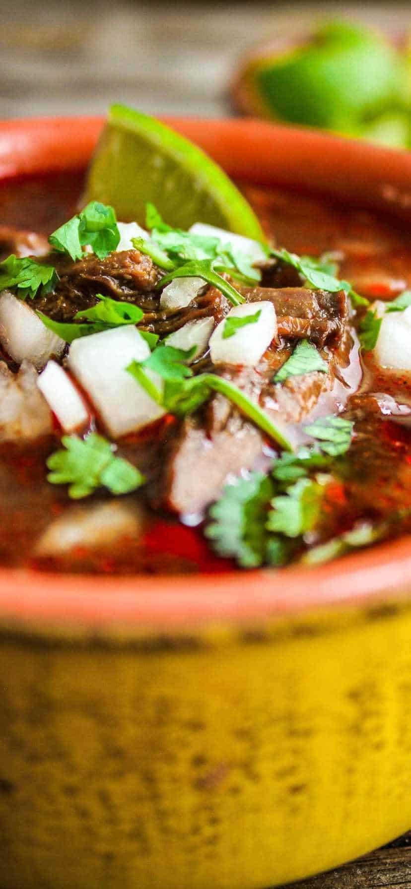 Close-up of bowl of beef birria topped with onions and cilantro.
