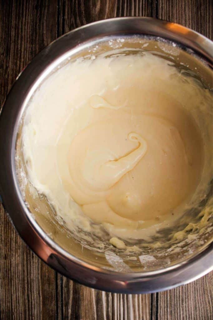 Eggnog icing in a mixing bowl.