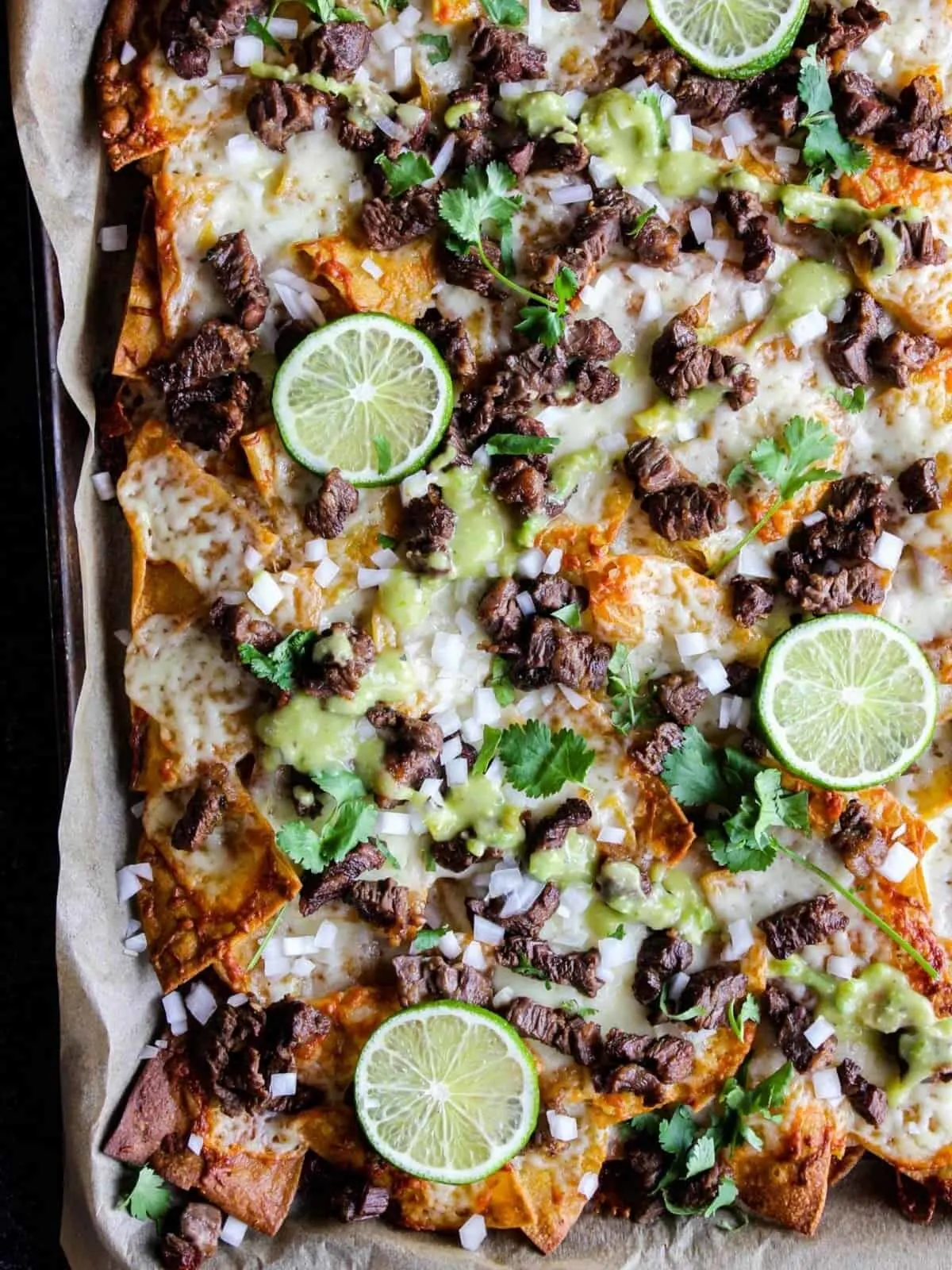 Top down shot of sheet pan nachos.