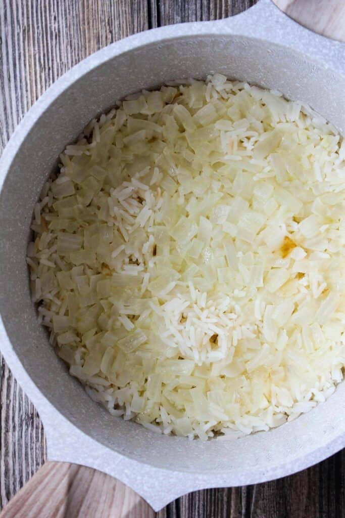 Cooked rice in a sauce pan.