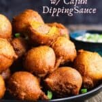 Pinterest graphic for hush puppy corn dog bites with Cajun dipping sauce.