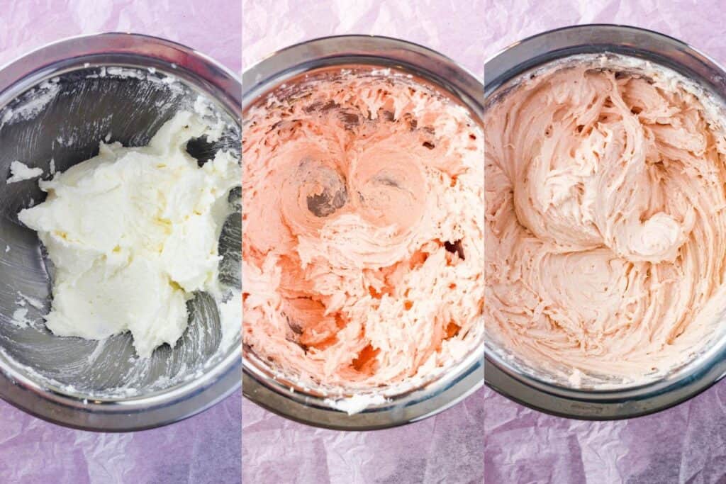 Three stages of strawberry cake batter.