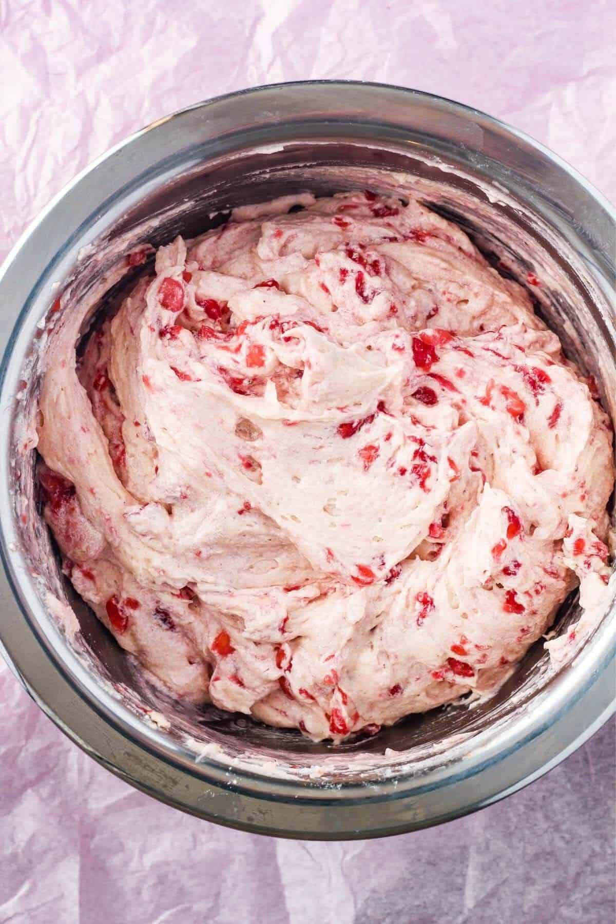 Strawberry cake batter in a bowl.