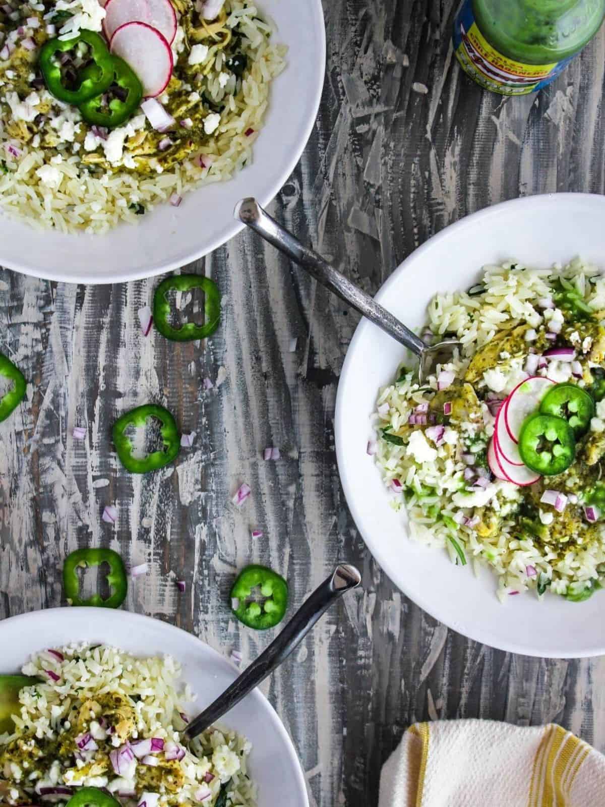 Three verdé chicken enchilada bowls.
