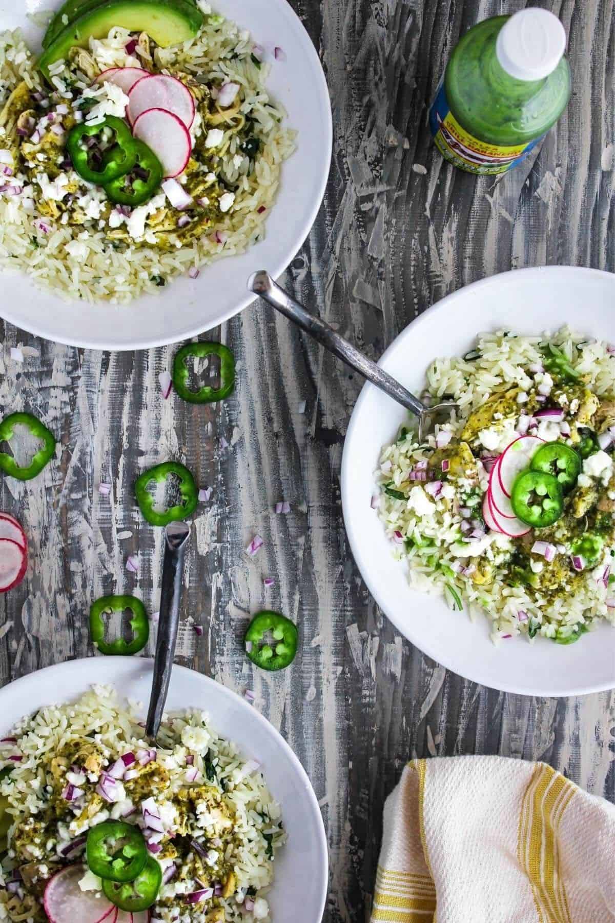 Three verdé chicken enchilada bowls.