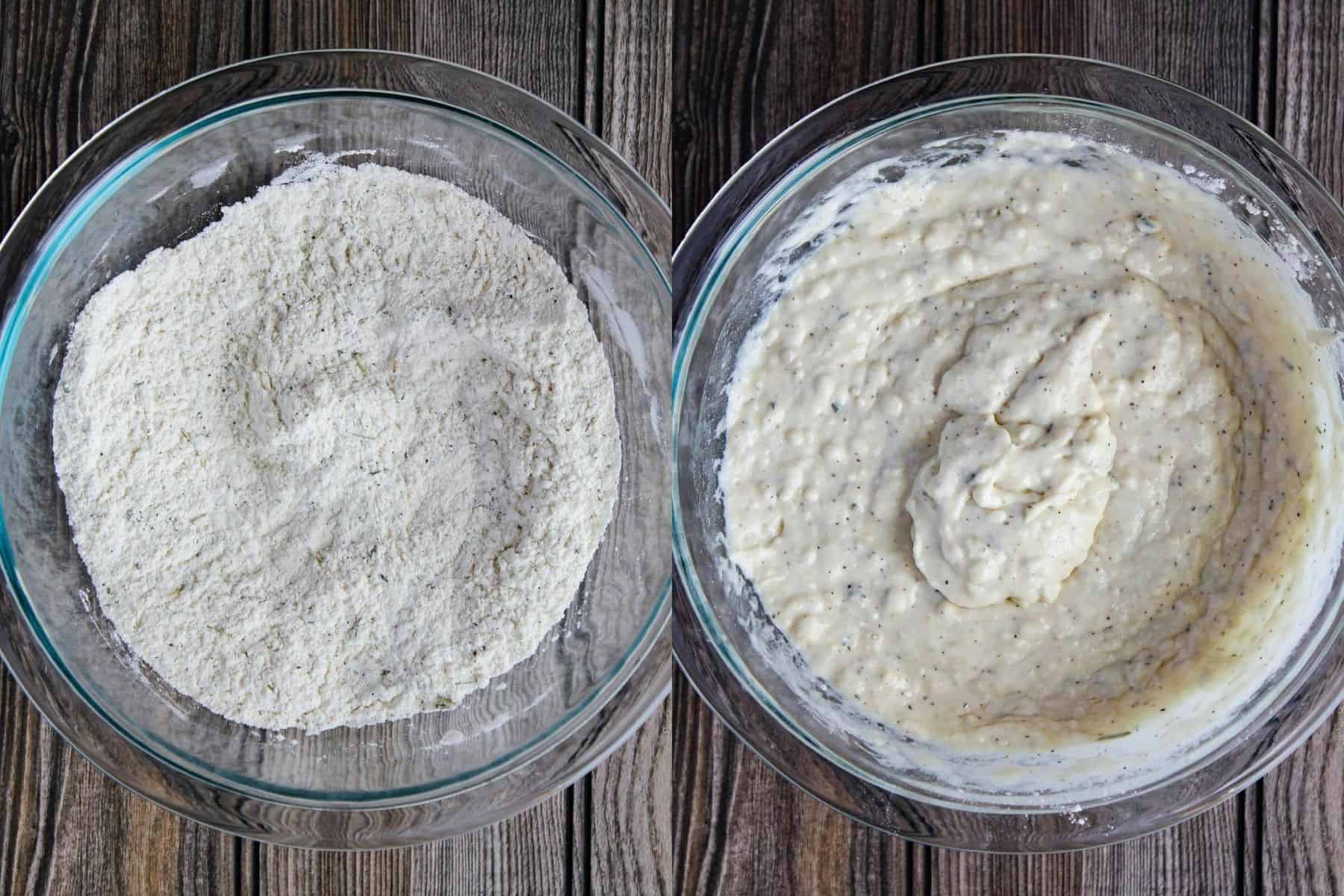 Flour mixture and batter mixture side by side.