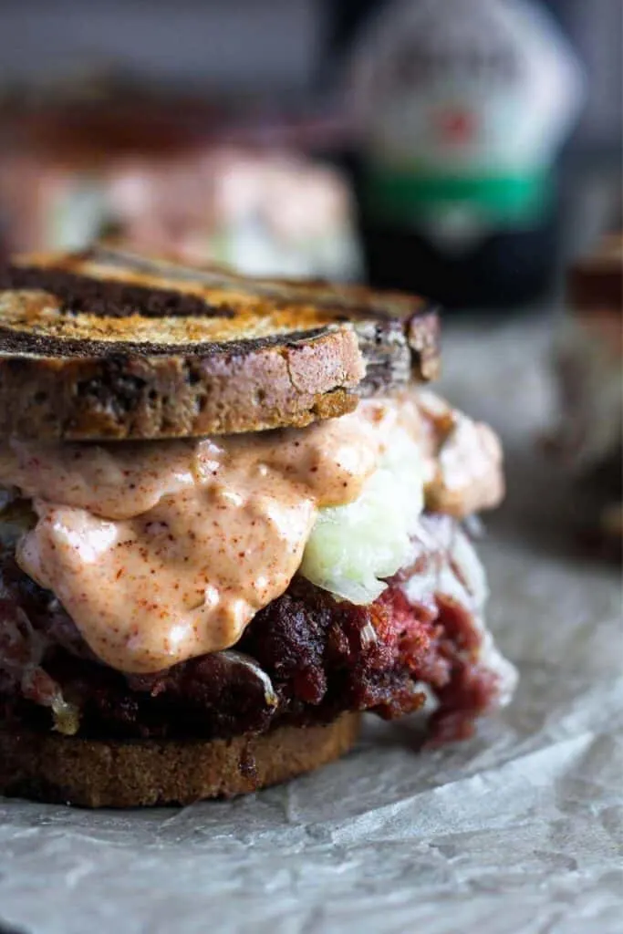 Reuben burger up close.