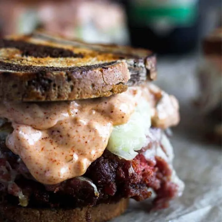 Reuben burger up close.