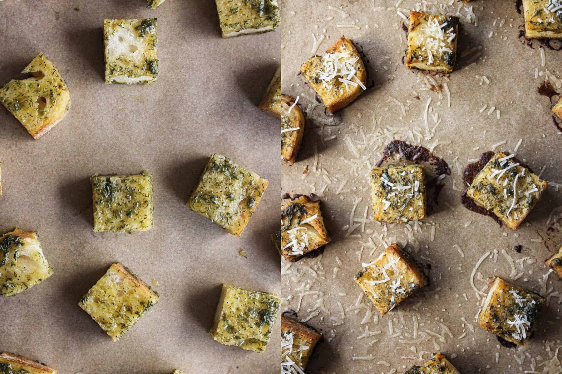Croutons before and after baking.