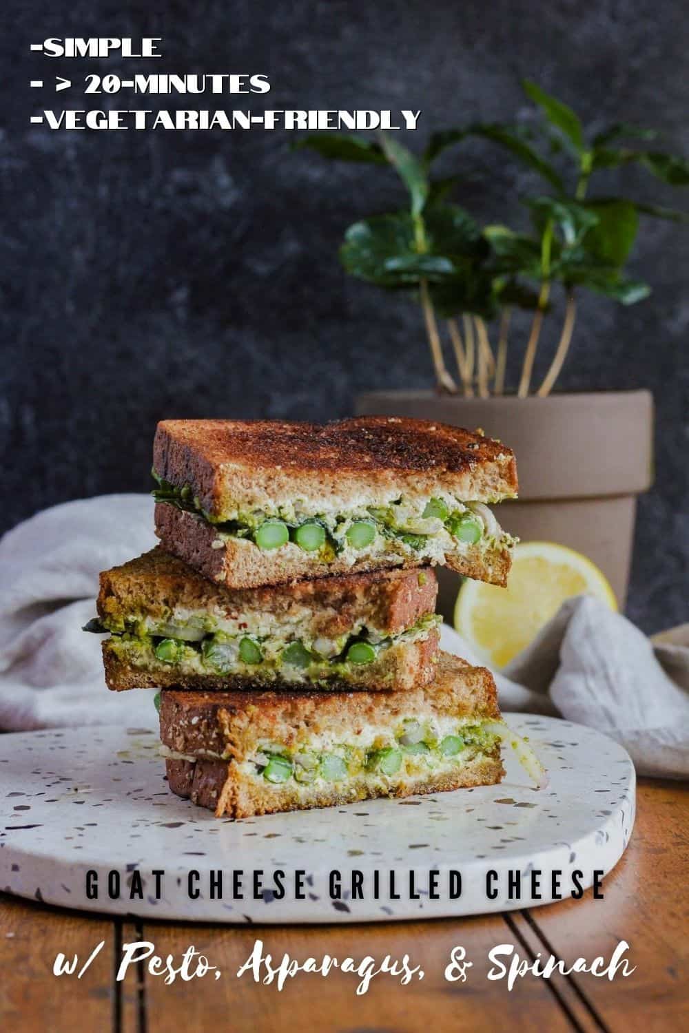 Pinterest graphic for grilled goat cheese sandwich with pesto, asparagus, and spinach.
