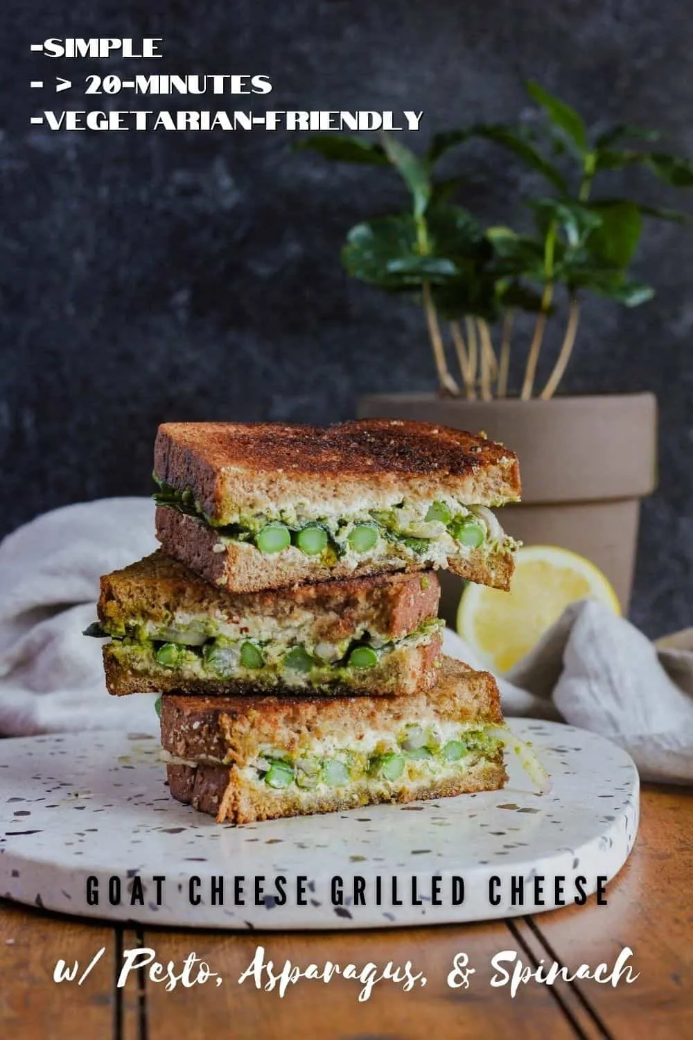 Pinterest graphic for grilled goat cheese sandwich with pesto, asparagus, and spinach.