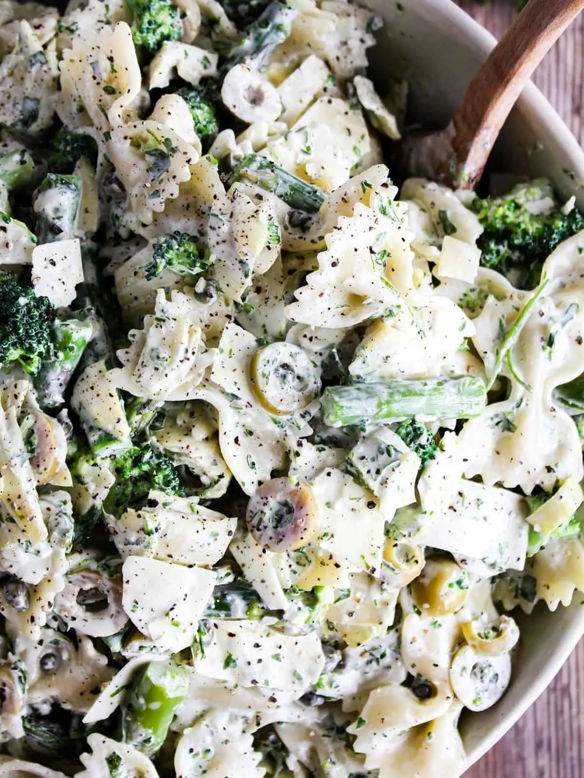 Top down close up shot of green goddess pasta salad.