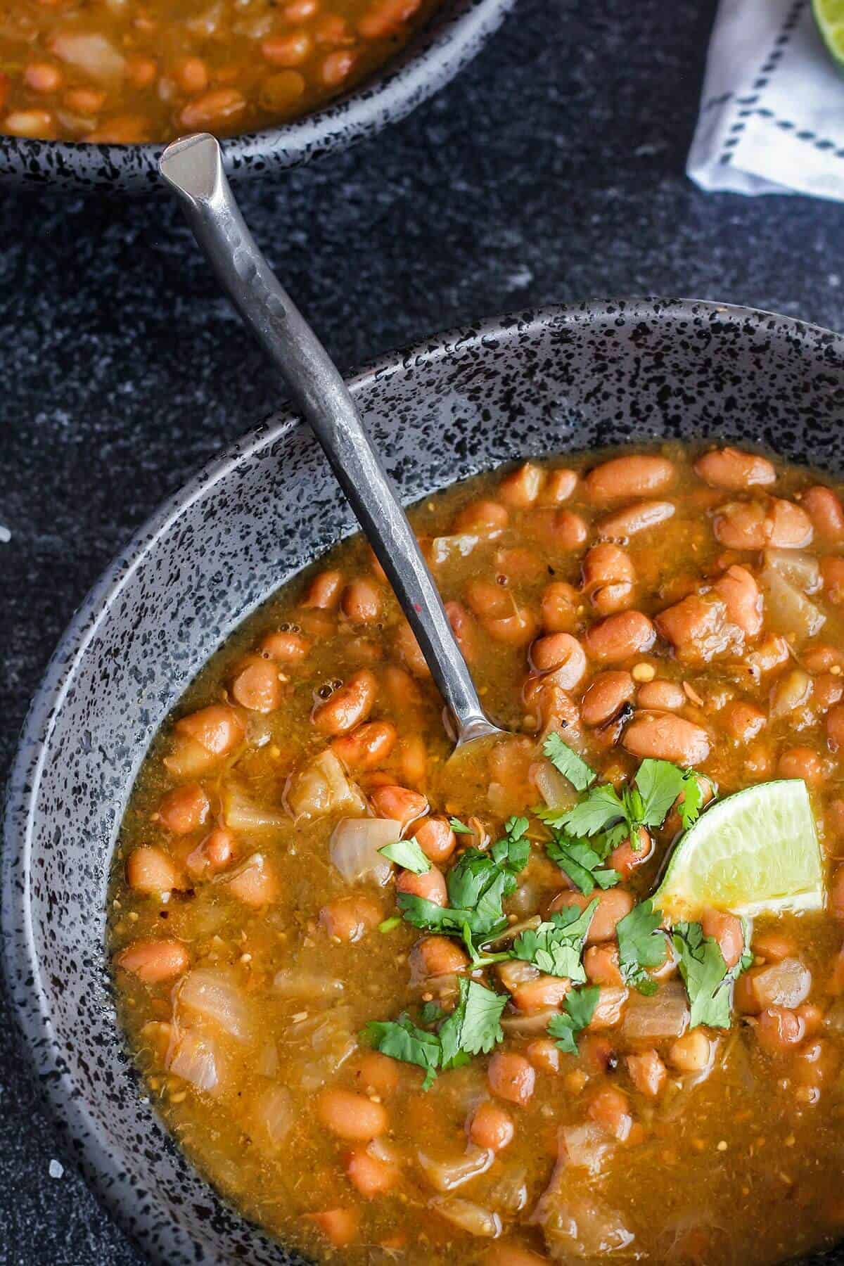 Bowl of pinto beans with a spoon.