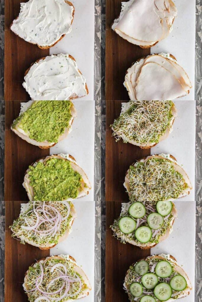 Six stages of sandwich assembly.
