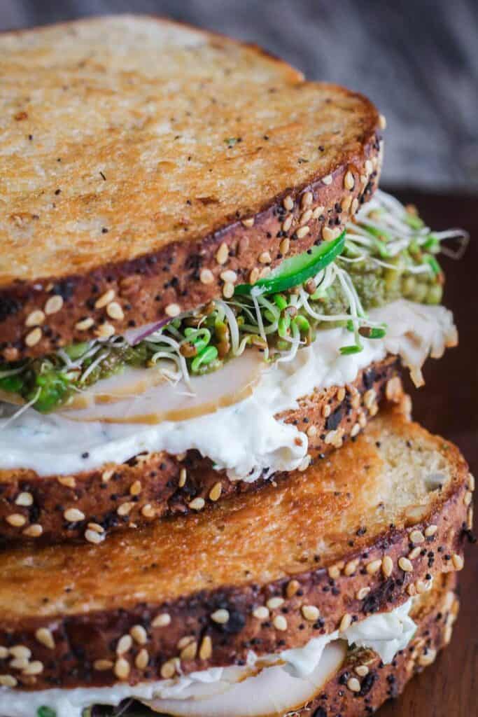 Close-up of two avocado turkey sandwiches.