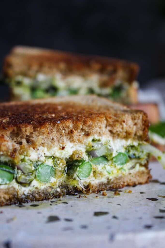 Close up of goat cheese sandwich.