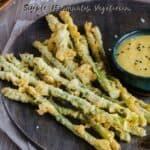 Pinterest graphic for asparagus tempura with miso aioli.