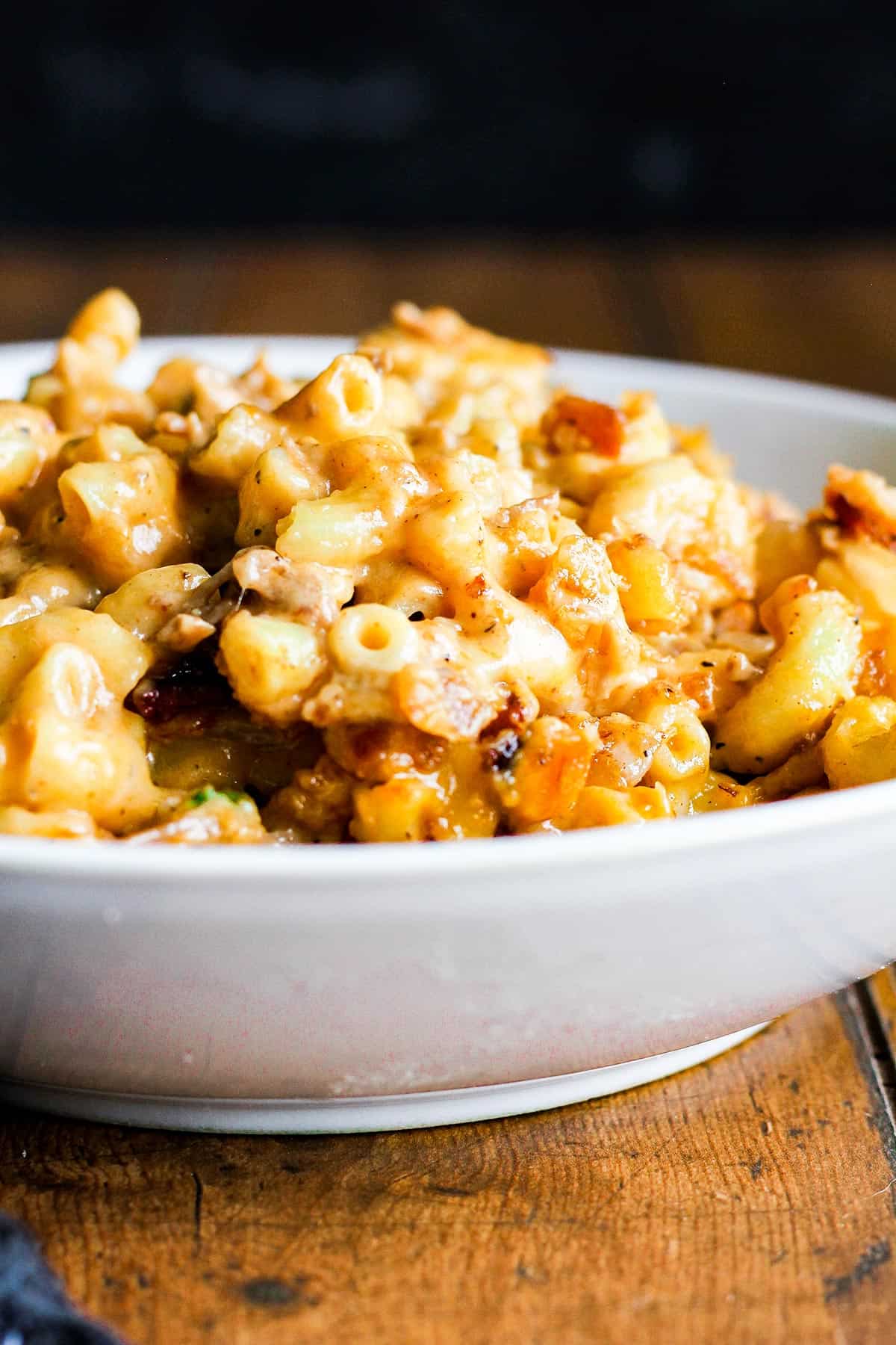 Bowl of bbq mac and cheese.