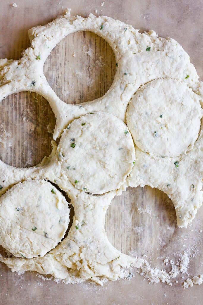 Rolled out dough with cut out biscuits.