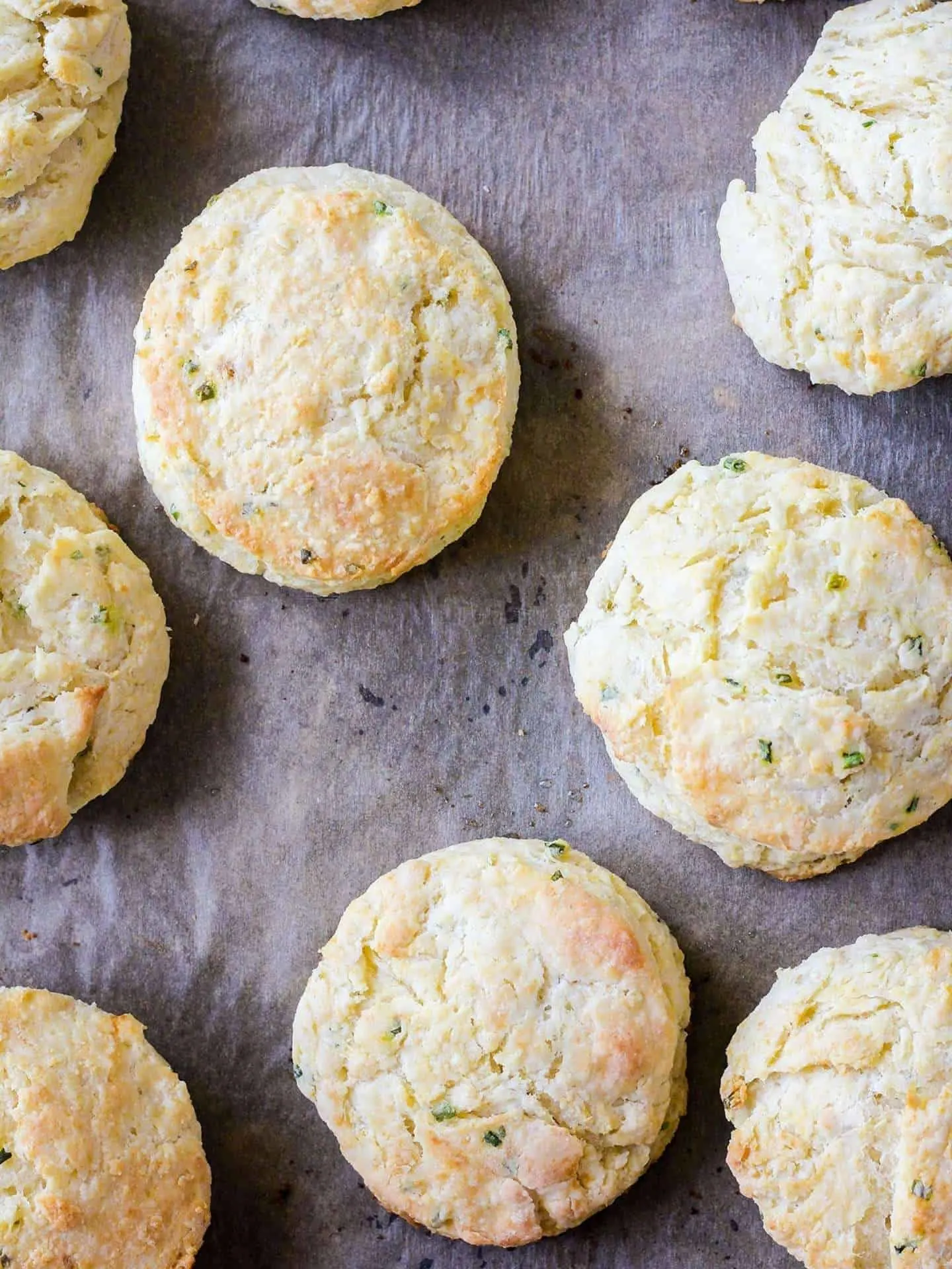 Close up of cooked biscuits on a sheet pan.
