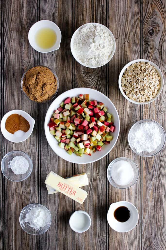 Ingredients for rhubarb oatmeal bars (see recipe card).