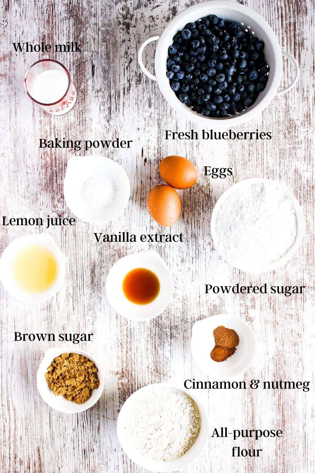 Ingredients for blueberry fritters with vanilla lemon glaze (see recipe card).
